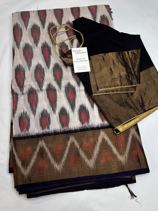 Pure Cotton Silk Pochampally Beige Ikkat Saree - 