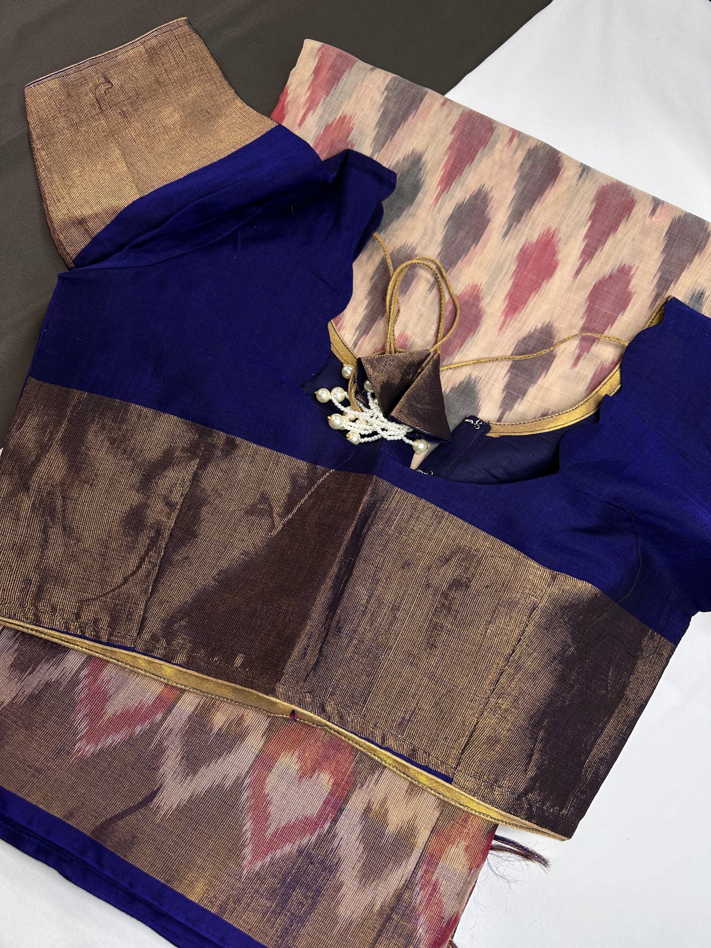 Pure Cotton Silk Pochampally Beige Blue Ikkat Saree - 
