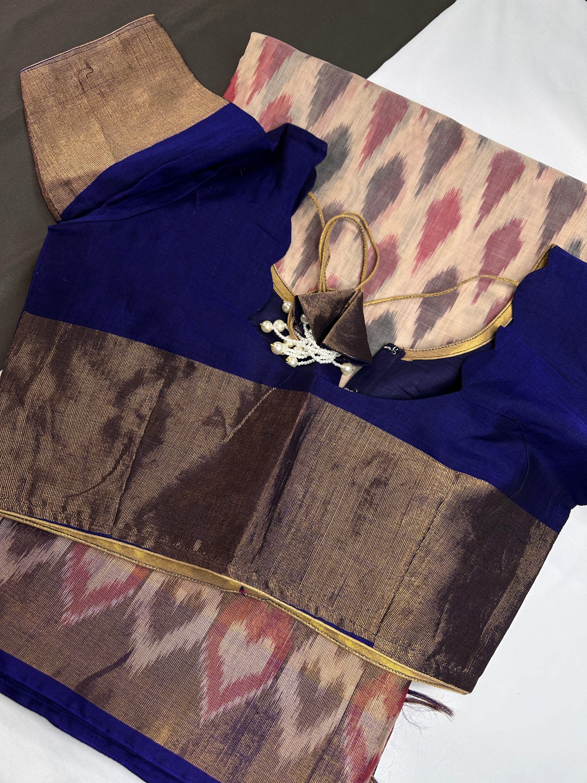 Pure Cotton Silk Pochampally Beige Blue Ikkat Saree - 