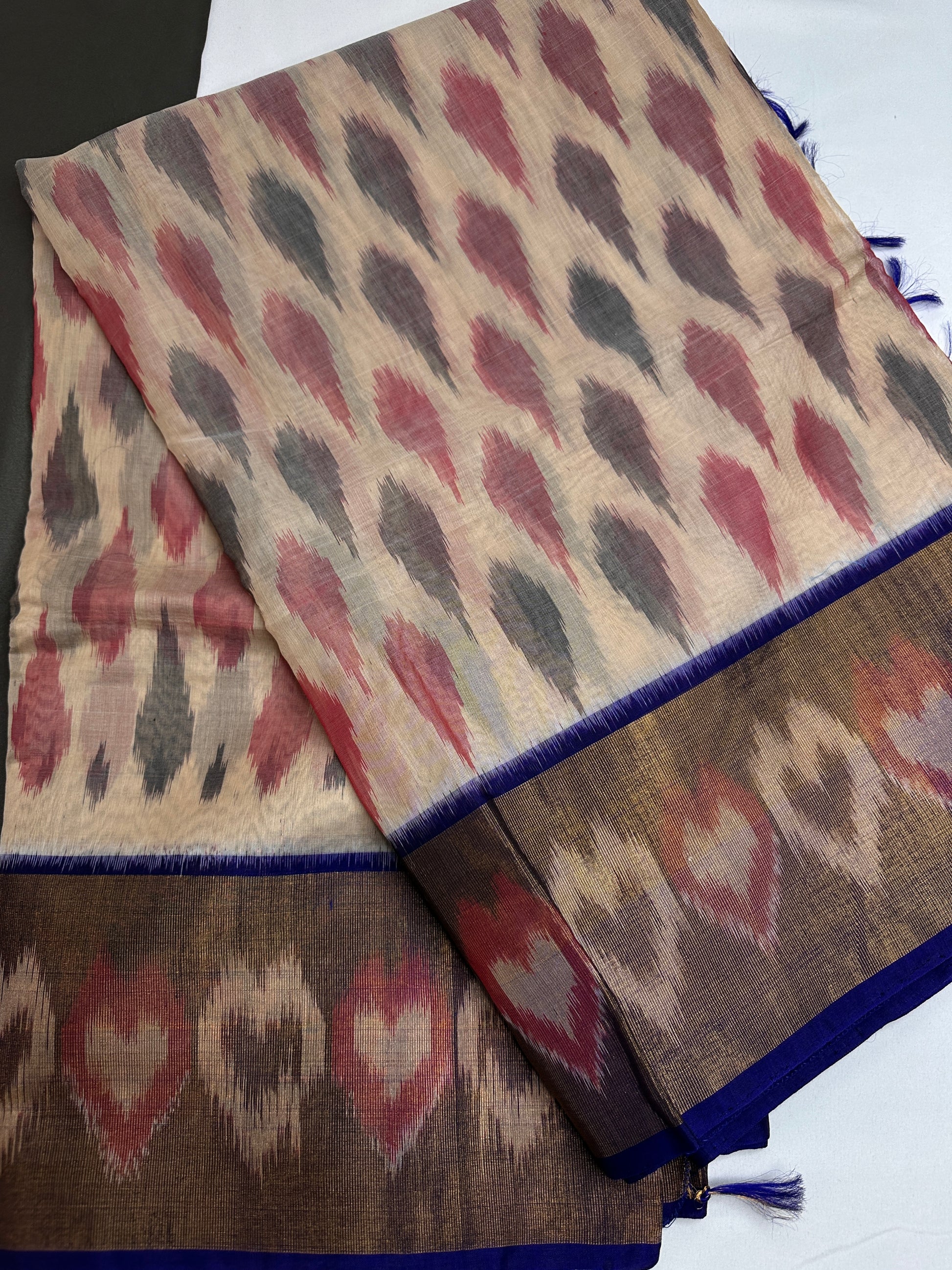 Pure Cotton Silk Pochampally Beige Blue Ikkat Saree - 