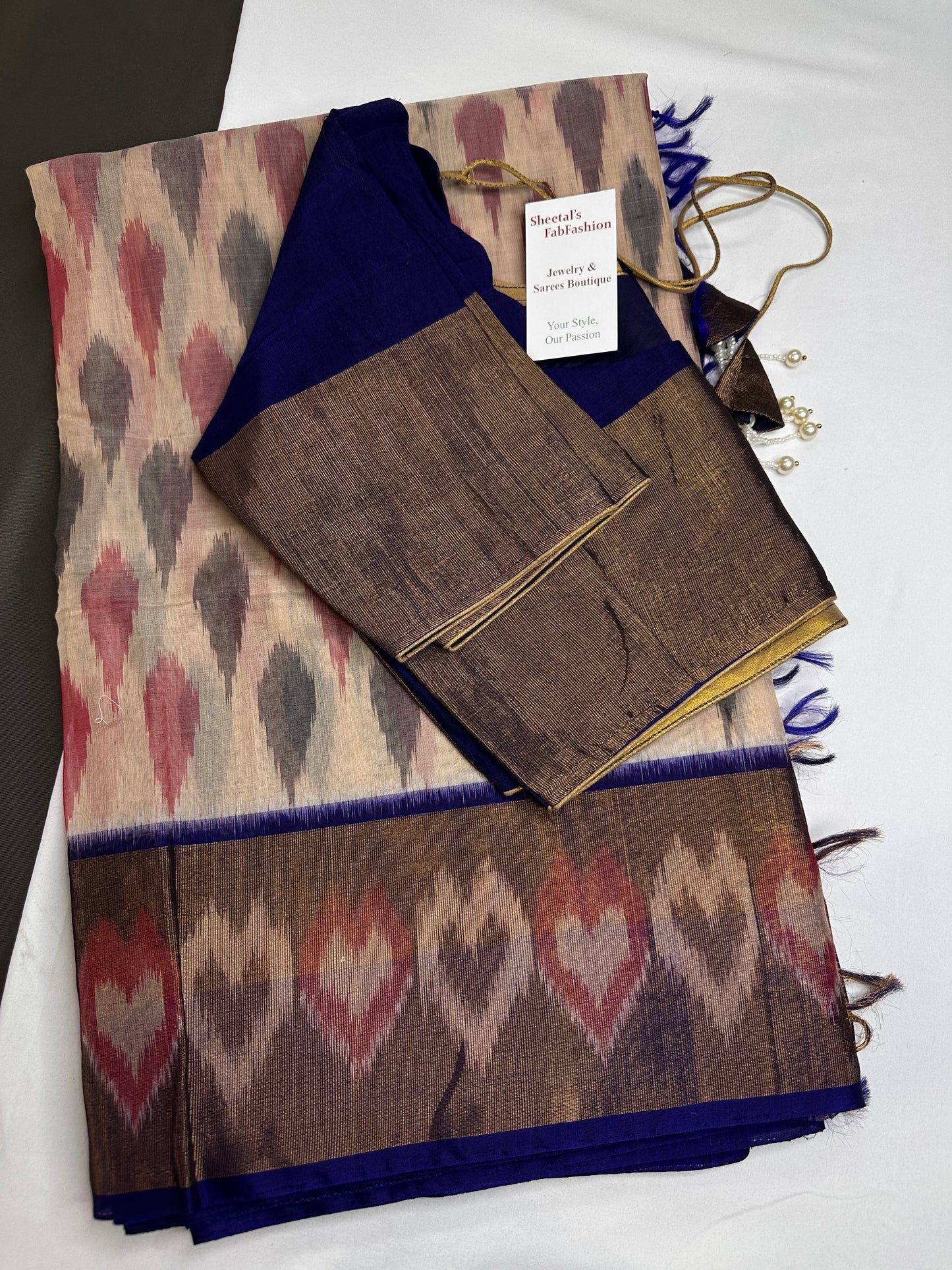 Pure Cotton Silk Pochampally Beige Blue Ikkat Saree - 