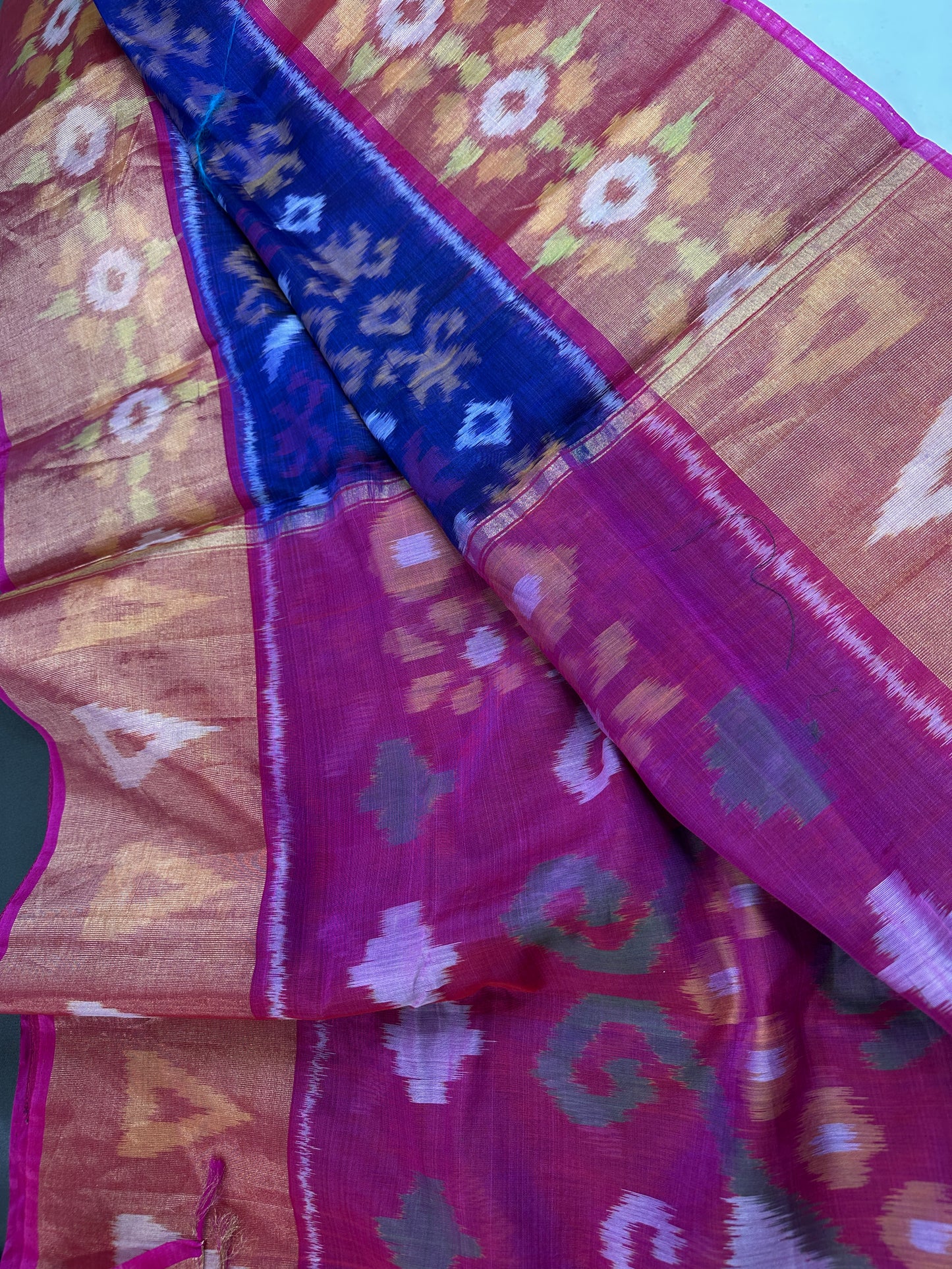 Pure Cotton Silk Pochampally Blue Pink Ikkat Saree - 