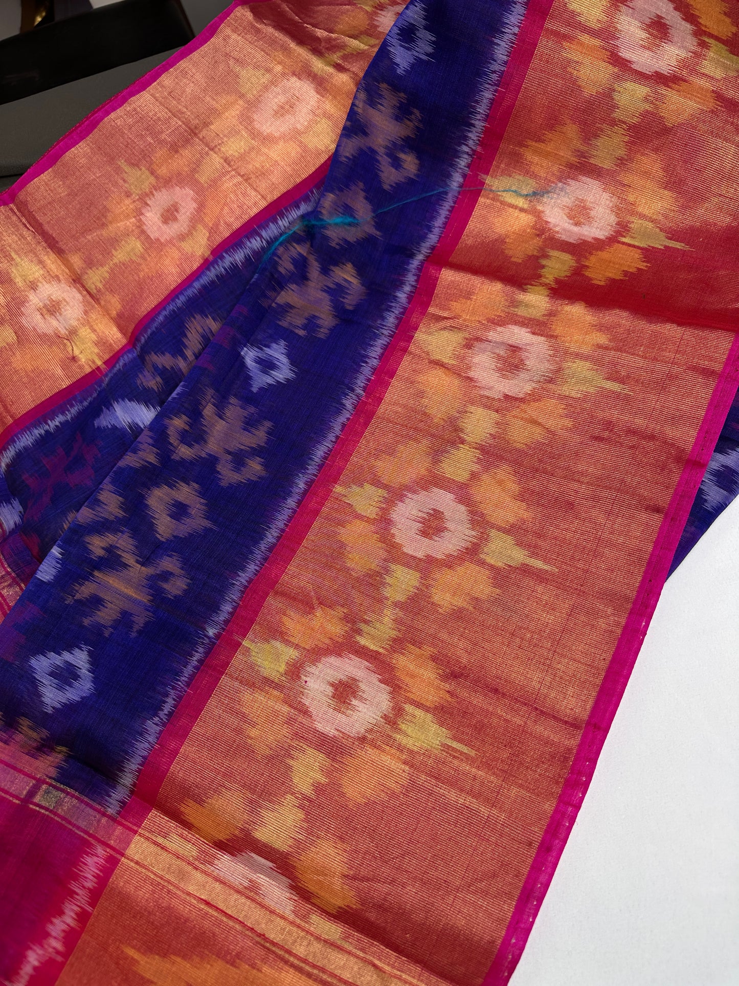 Pure Cotton Silk Pochampally Blue Pink Ikkat Saree - 