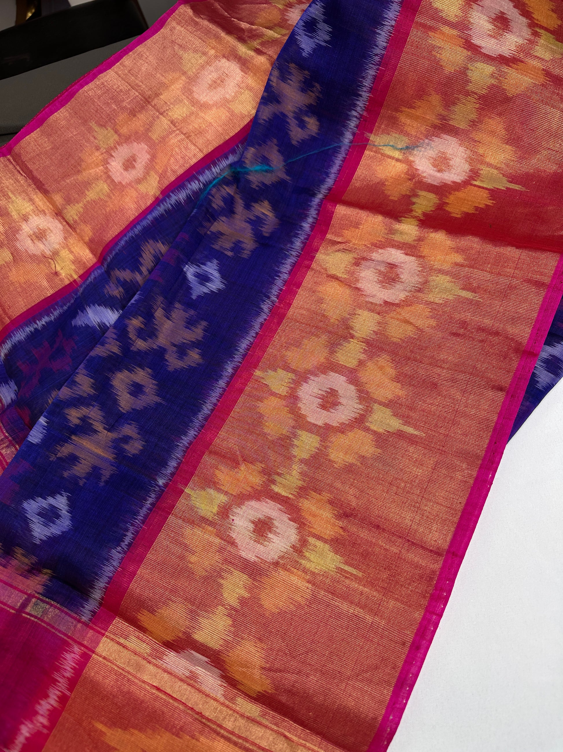 Pure Cotton Silk Pochampally Blue Pink Ikkat Saree - 