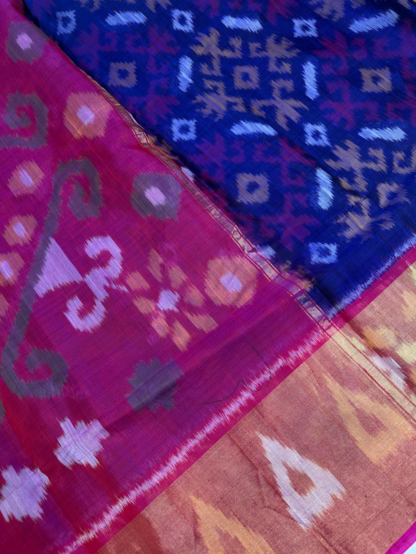 Pure Cotton Silk Pochampally Blue Pink Ikkat Saree - 