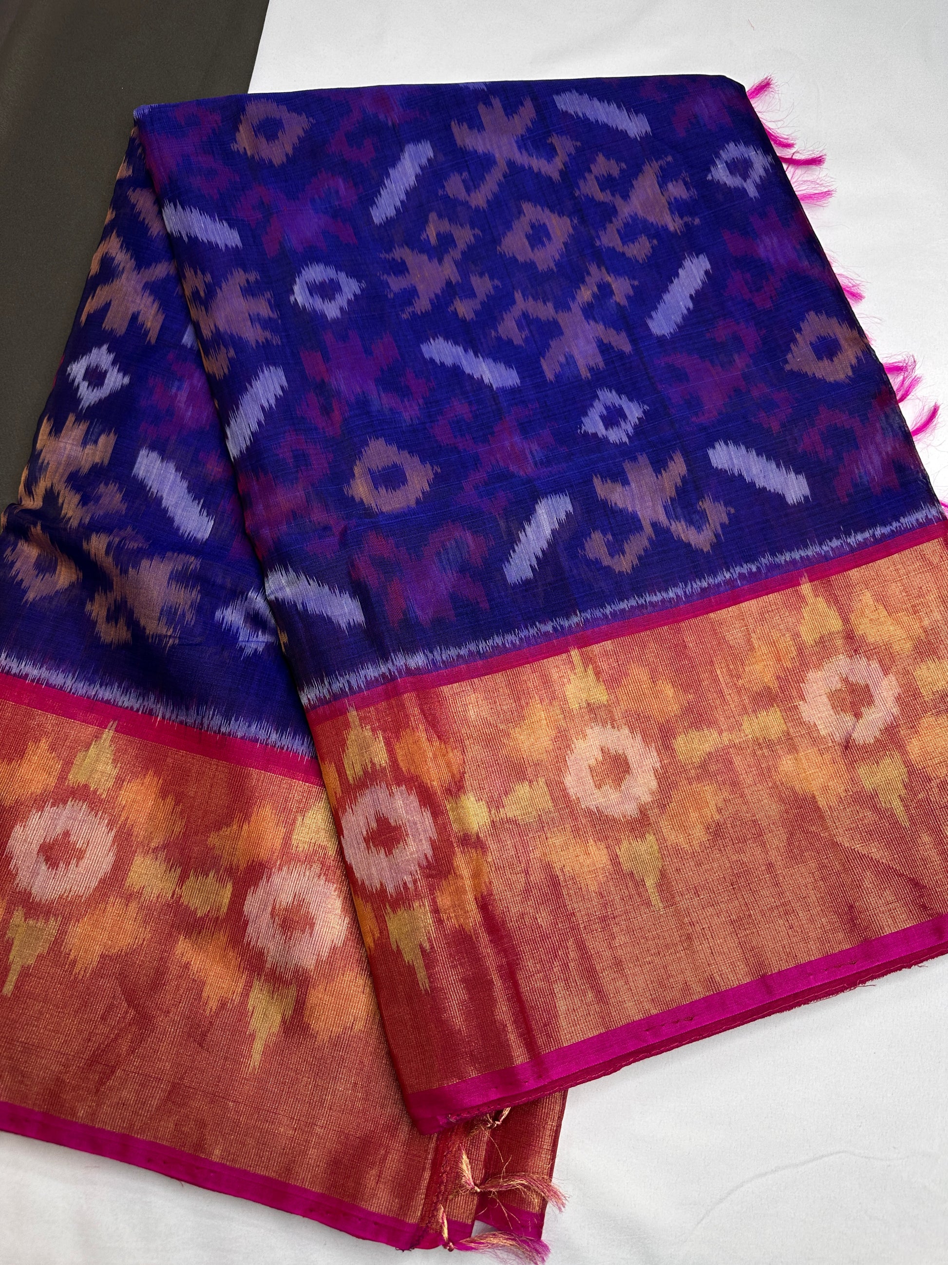 Pure Cotton Silk Pochampally Blue Pink Ikkat Saree - 