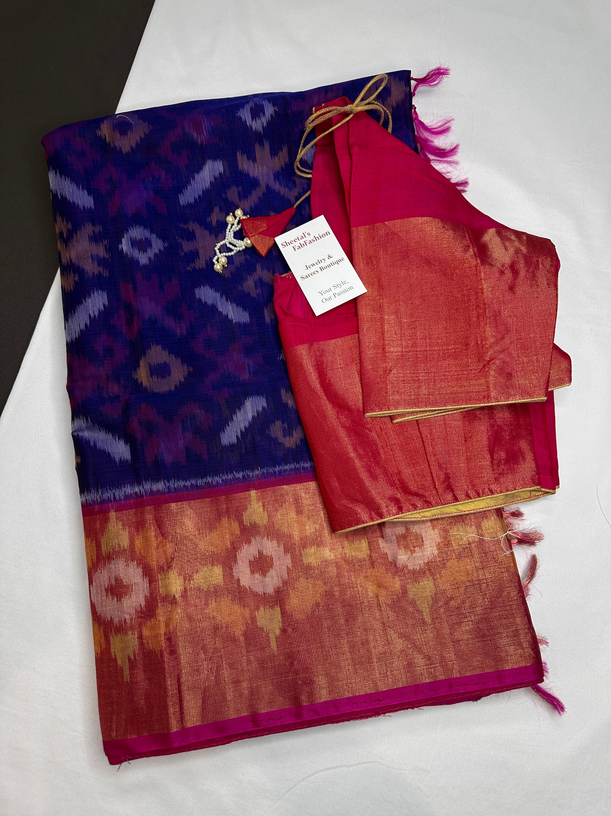 Pure Cotton Silk Pochampally Blue Pink Ikkat Saree - 