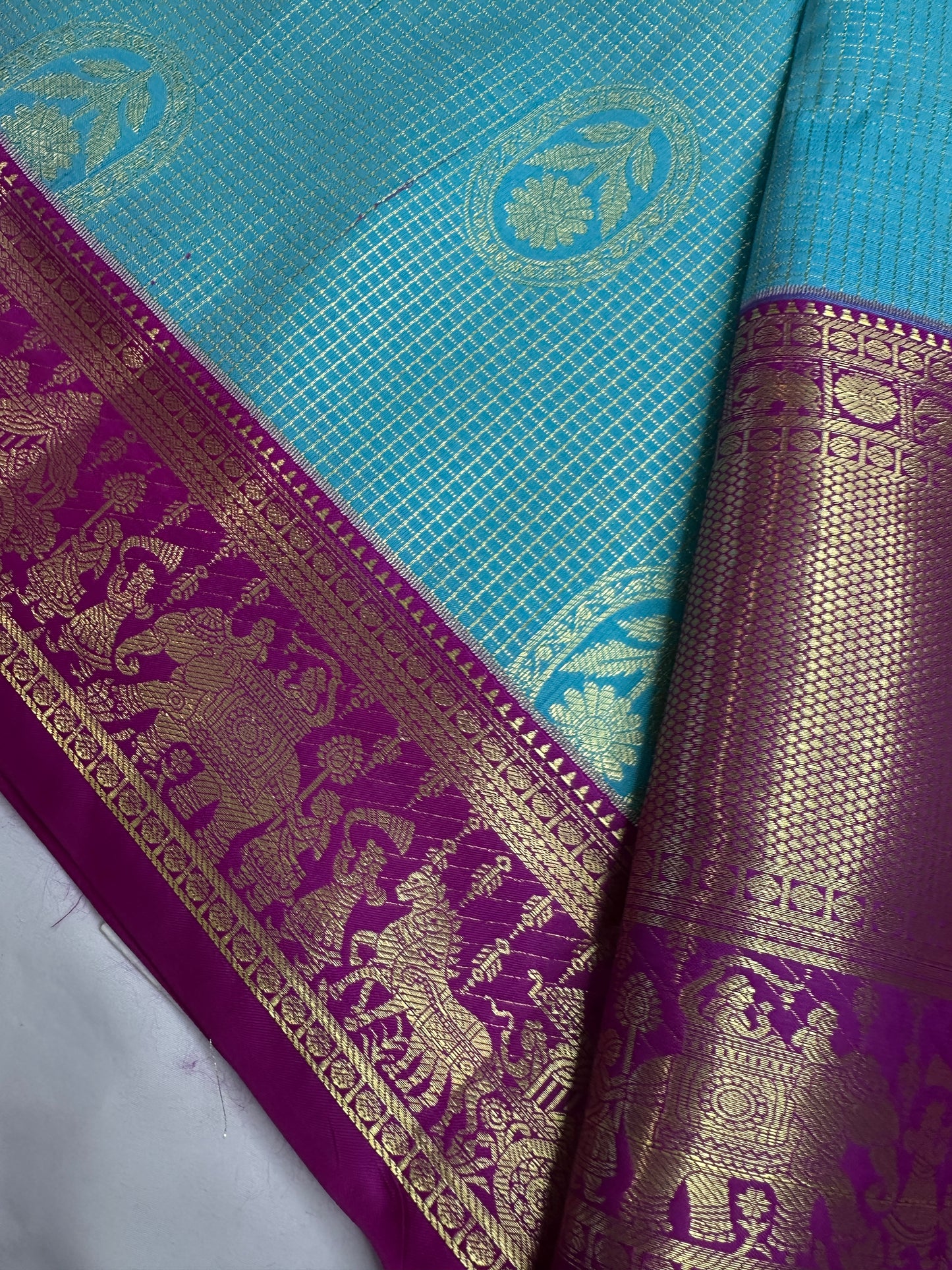 Semi Kanchi Palki Bharat Blue Checks Saree - 