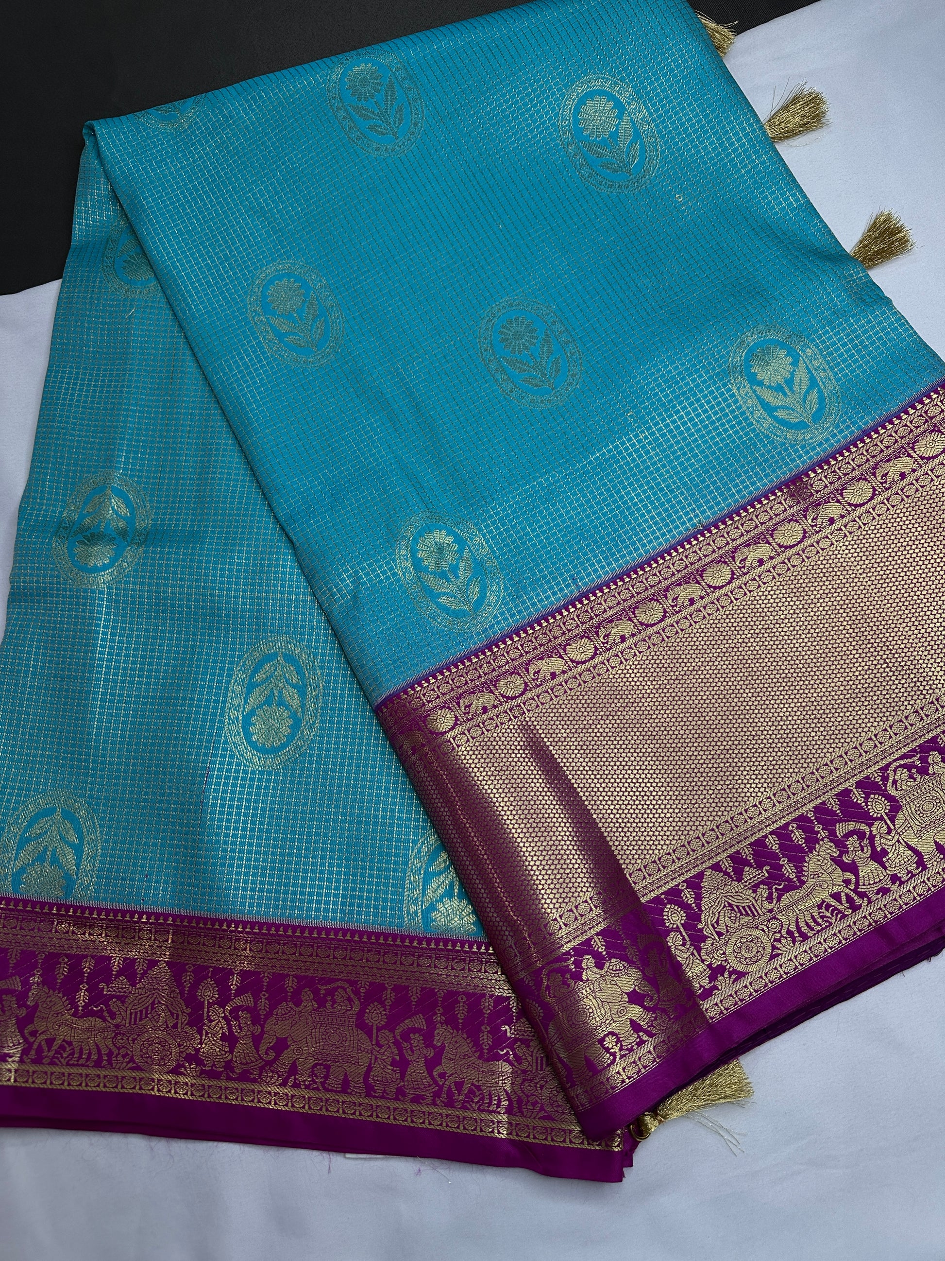 Semi Kanchi Palki Bharat Blue Checks Saree - 