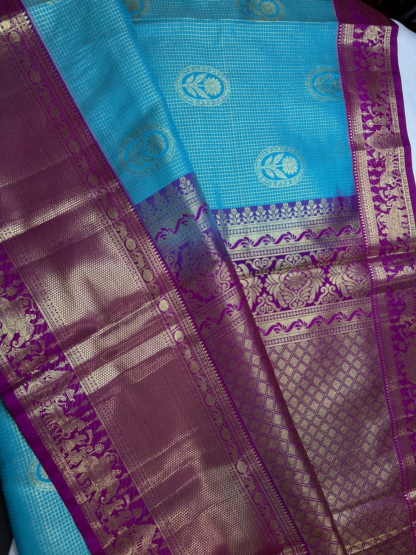 Semi Kanchi Palki Bharat Blue Checks Saree - 
