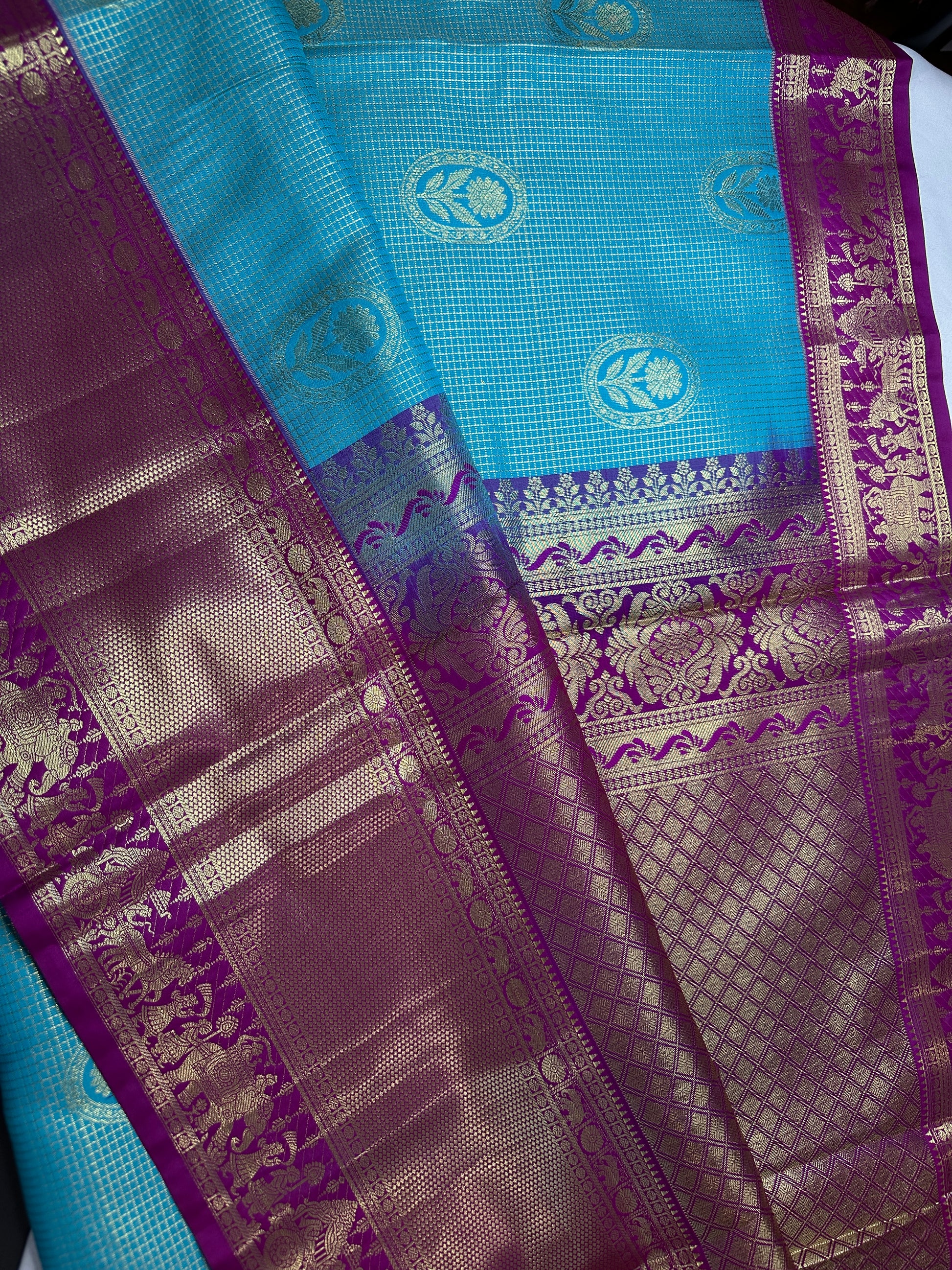 Semi Kanchi Palki Bharat Blue Checks Saree - 