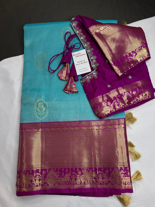 Semi Kanchi Palki Bharat Blue Checks Saree - 