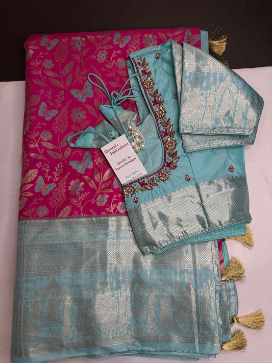 Semi Kanchi Palki Bharat Pink Butterfly Saree - 