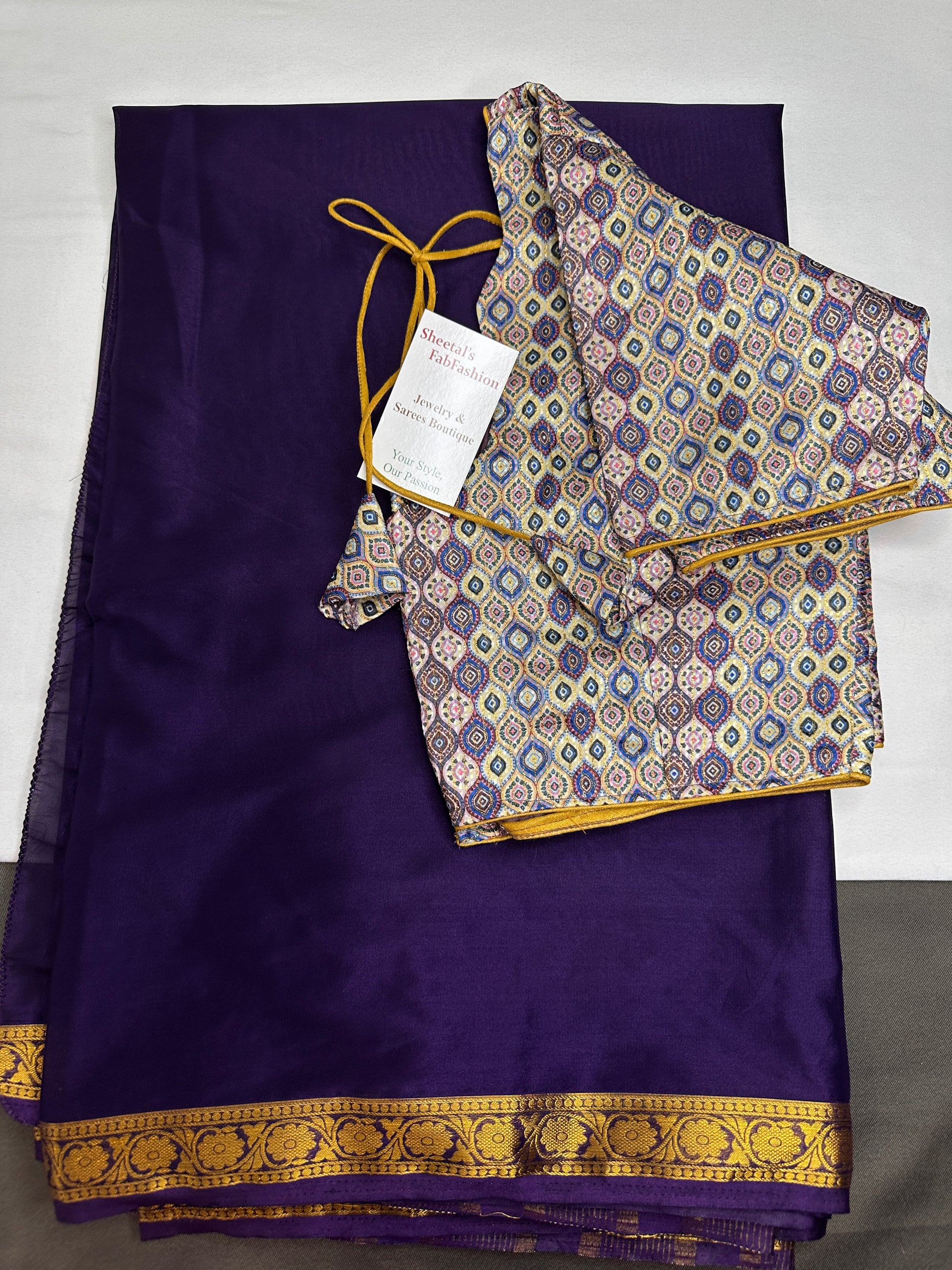 Mysore Crepe Purple Semi Silk with 2 Blouses - 
