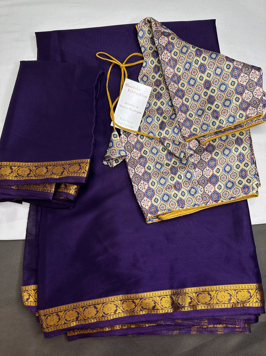 Mysore Crepe Purple Semi Silk with 2 Blouses - 
