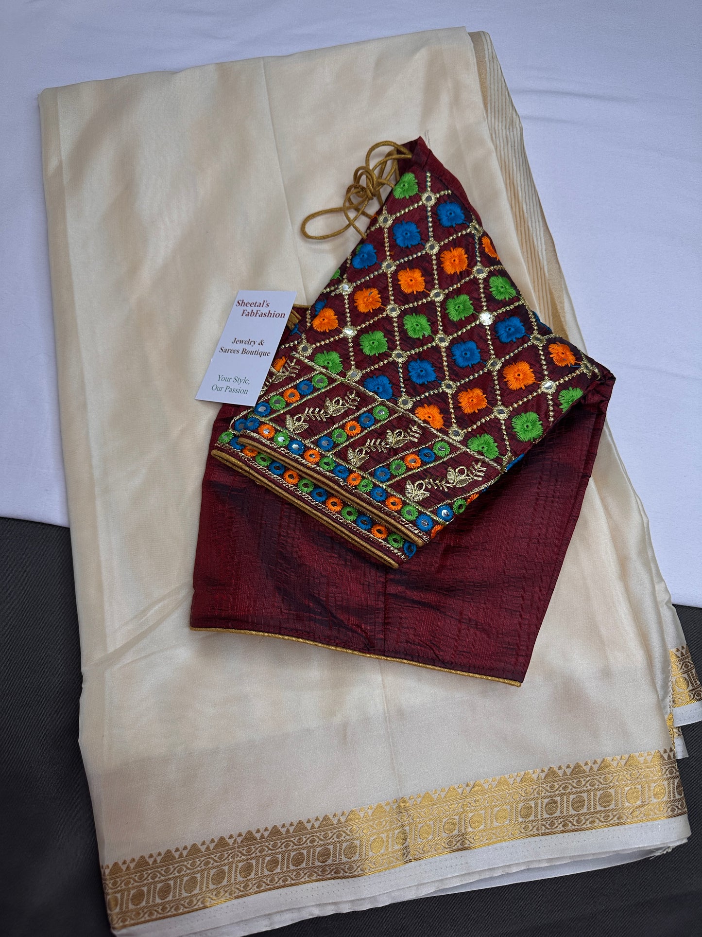 Mysore Crepe Cream Semi Silk with 2 Blouses - 