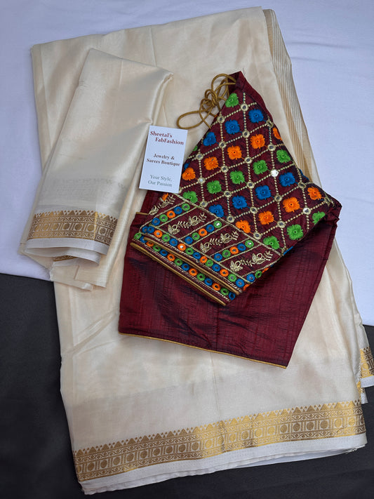 Mysore Crepe Cream Semi Silk with 2 Blouses - 