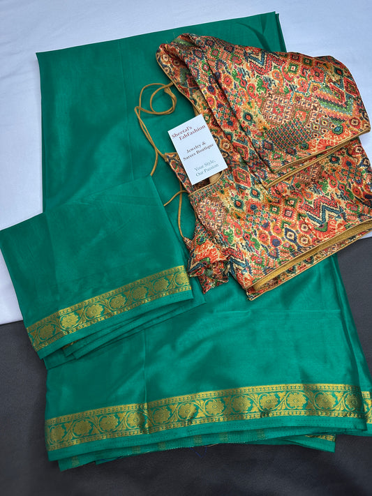 Mysore Crepe Green Semi Silk with 2 Blouses - 