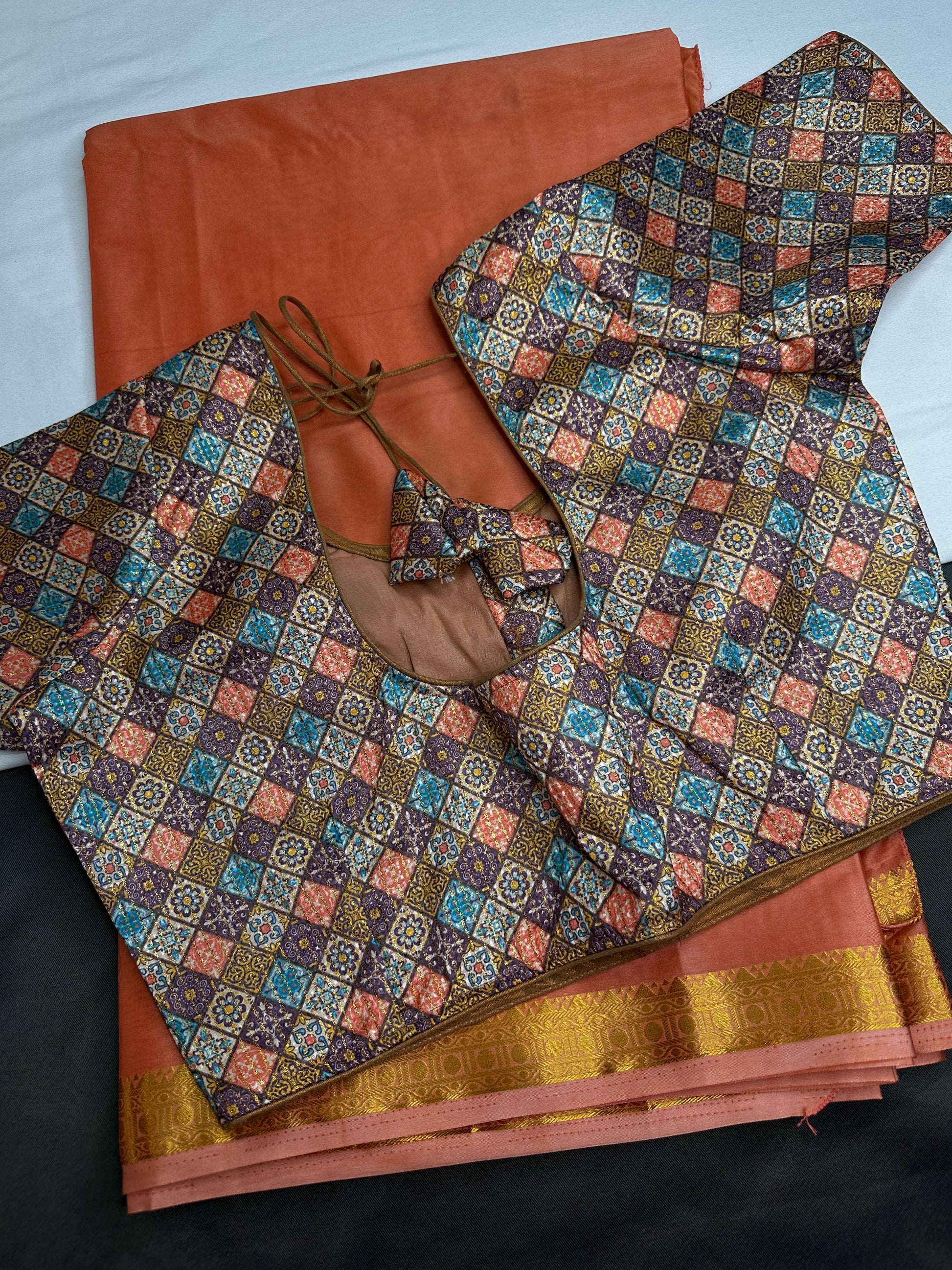 Mysore Crepe Peach Semi Silk with 2 Blouses - 