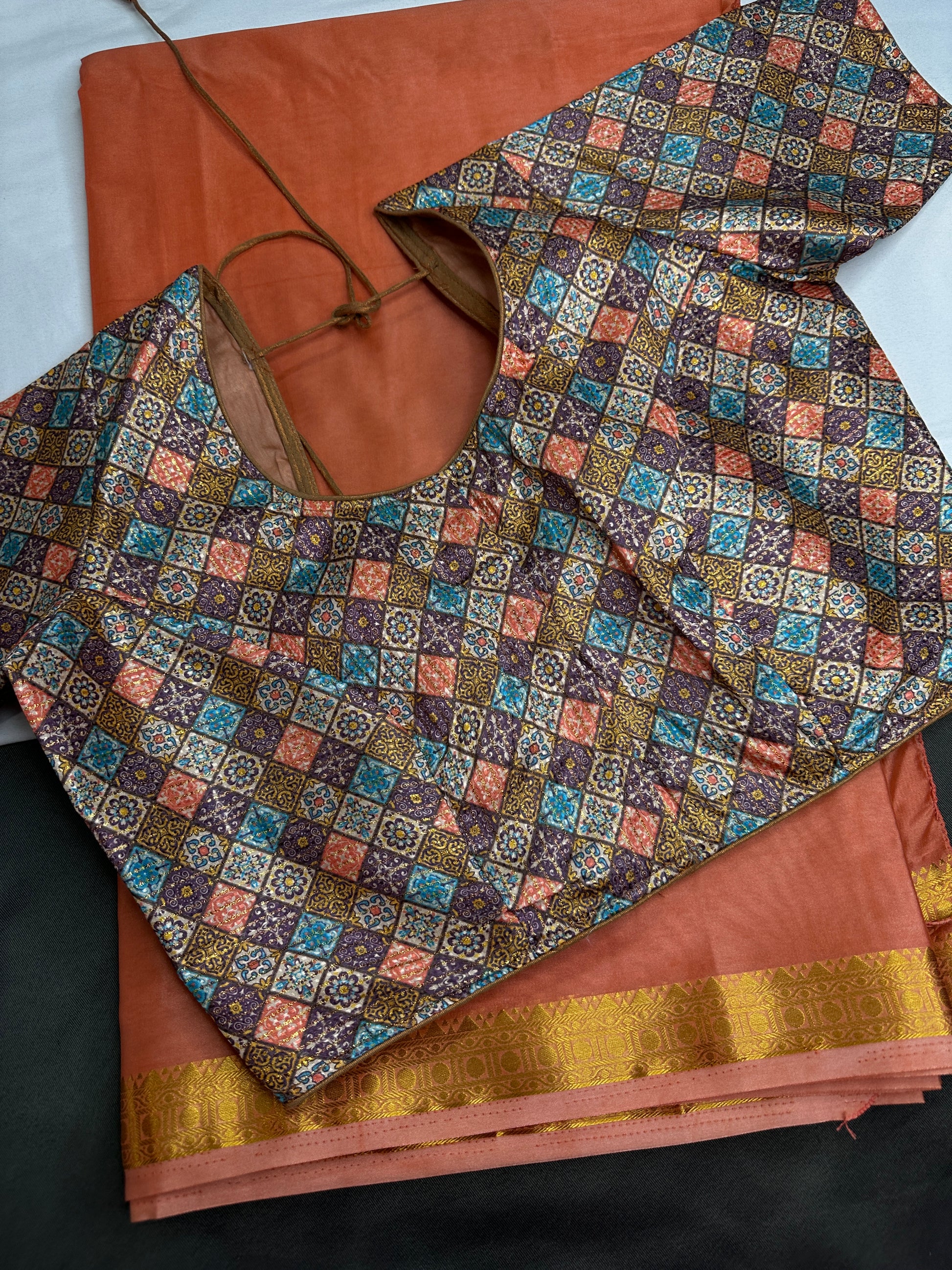 Mysore Crepe Peach Semi Silk with 2 Blouses - 