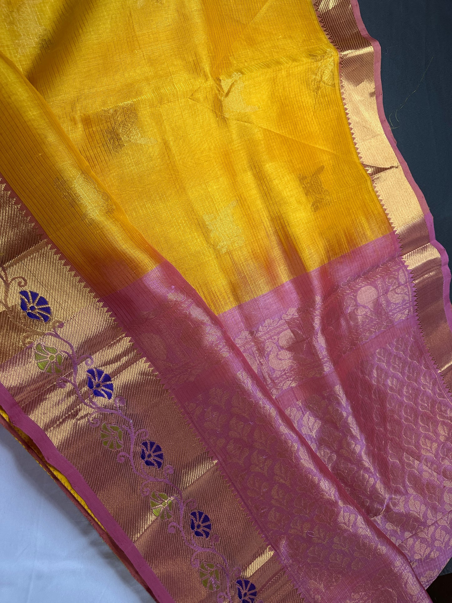 Pure Venkatgiri Handloom Yellow Pink Silk Saree - 
