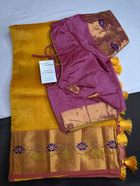 Pure Venkatgiri Handloom Yellow Pink Silk Saree - 