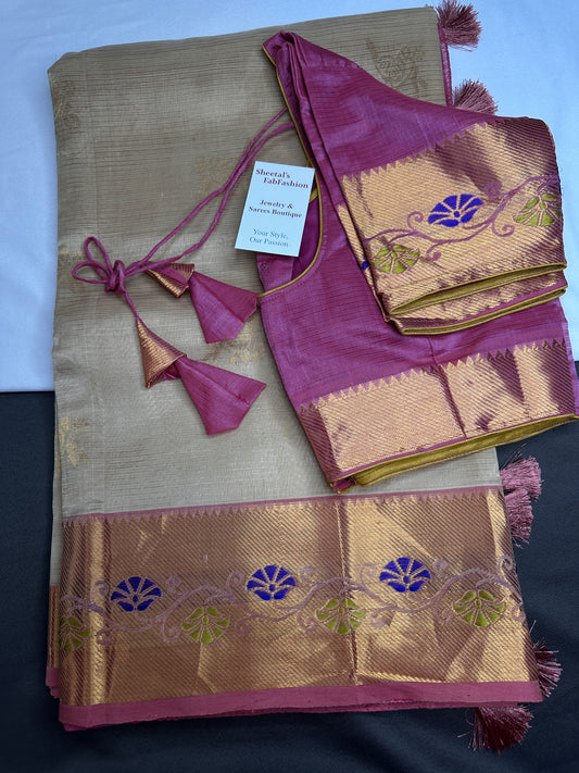 Pure Venkatgiri Handloom Beige Pink Silk Saree - 
