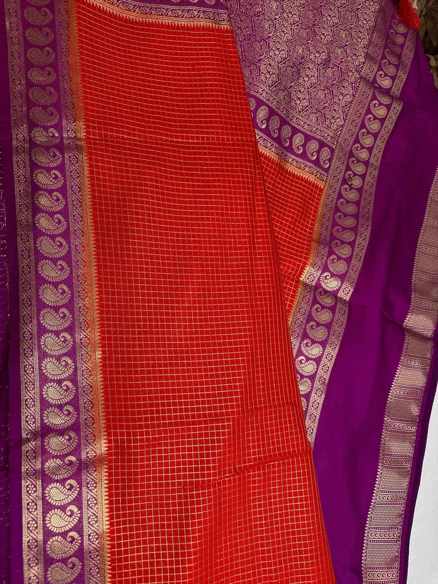 Banarsi Crepe Small Checks Orange Saree - 