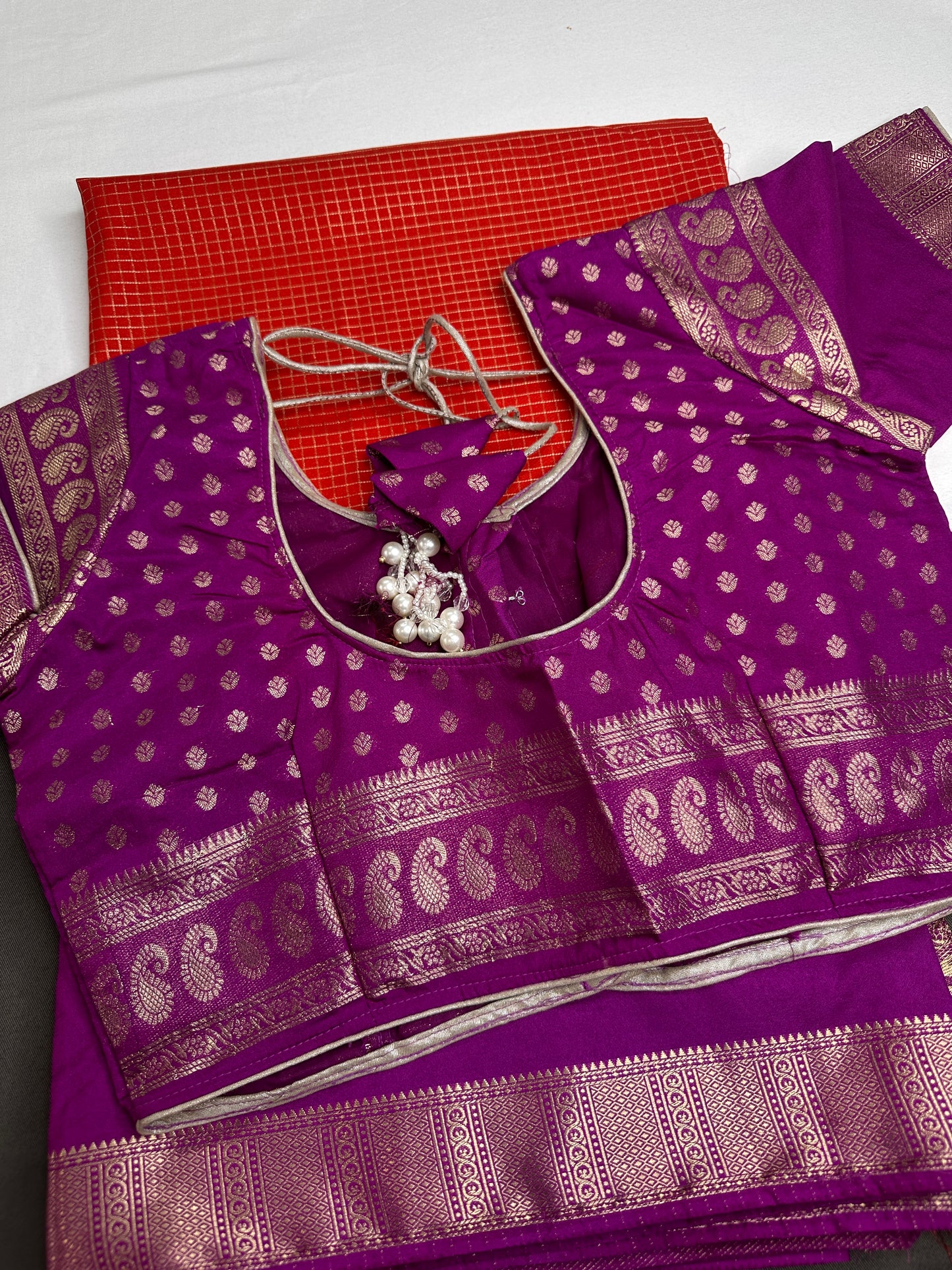 Banarsi Crepe Small Checks Orange Saree - 