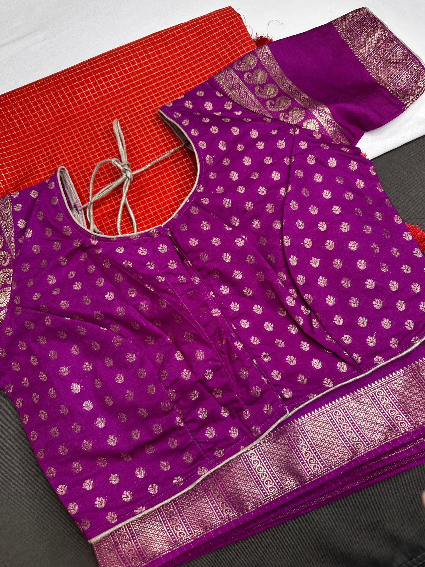 Banarsi Crepe Small Checks Orange Saree - 