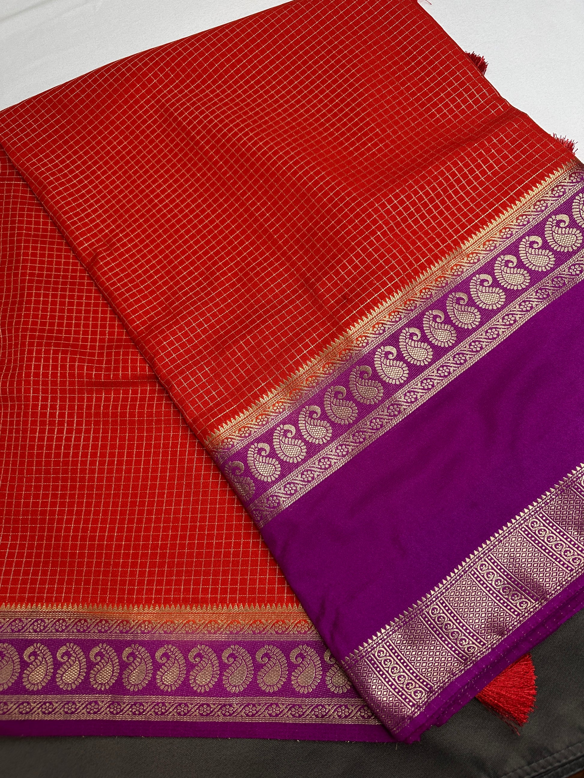 Banarsi Crepe Small Checks Orange Saree - 