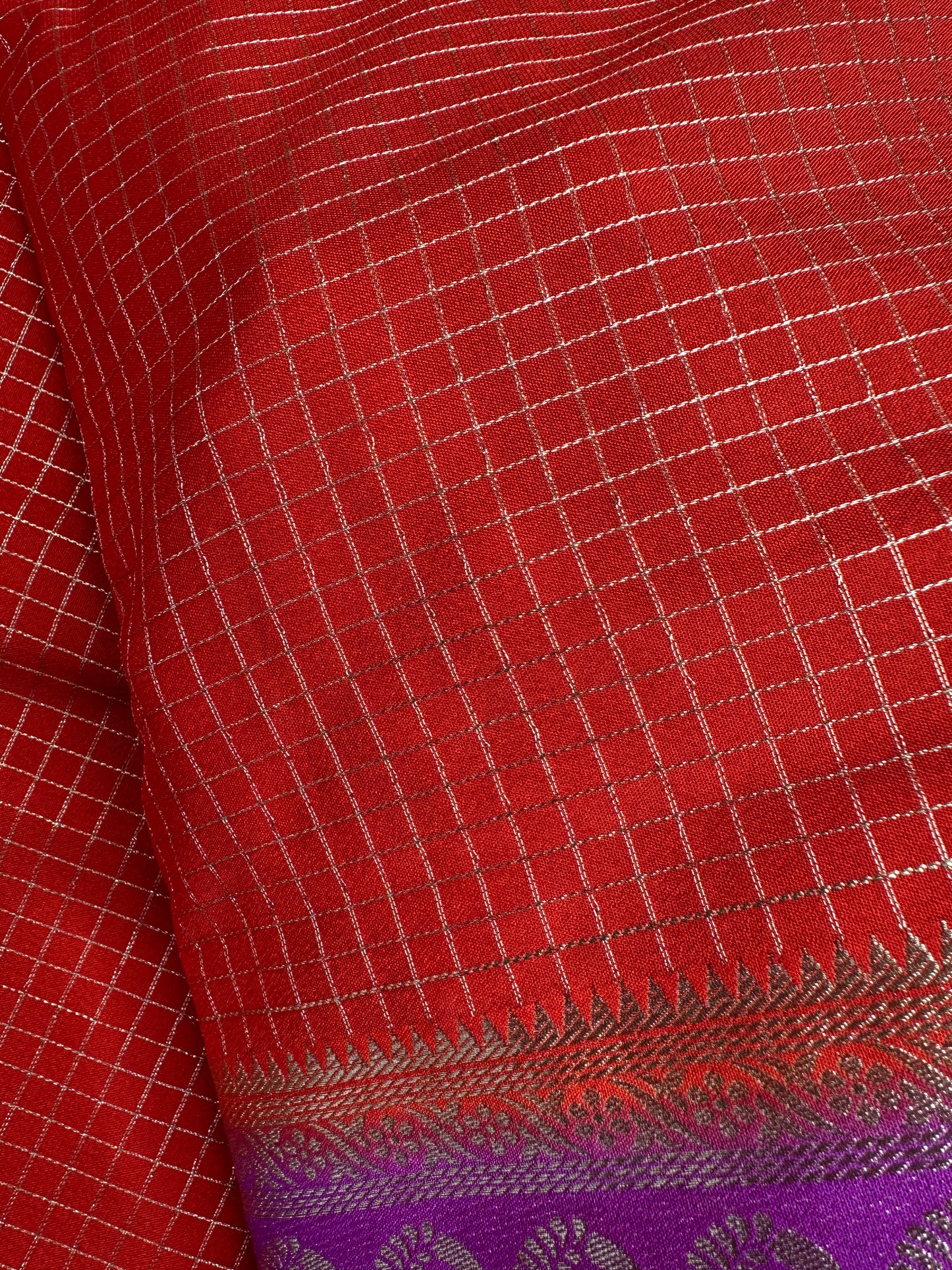 Banarsi Crepe Small Checks Orange Saree - 