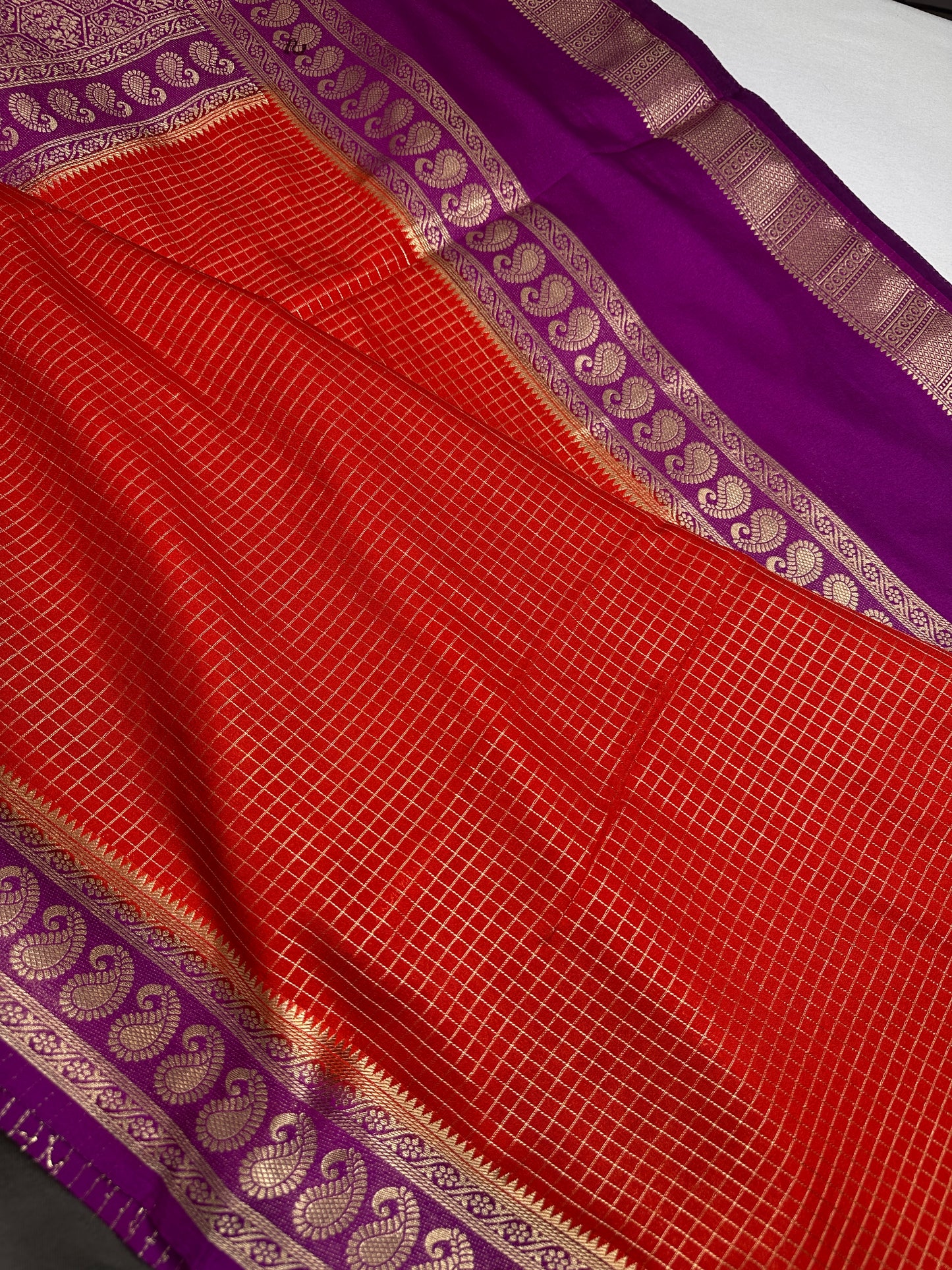 Banarsi Crepe Small Checks Orange Saree - 