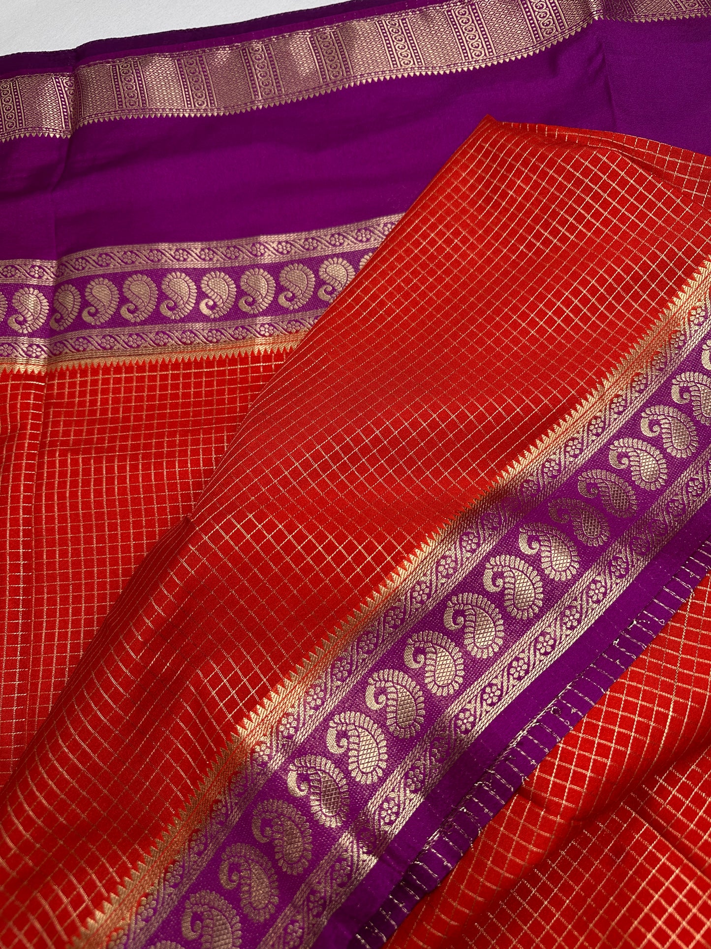 Banarsi Crepe Small Checks Orange Saree - 