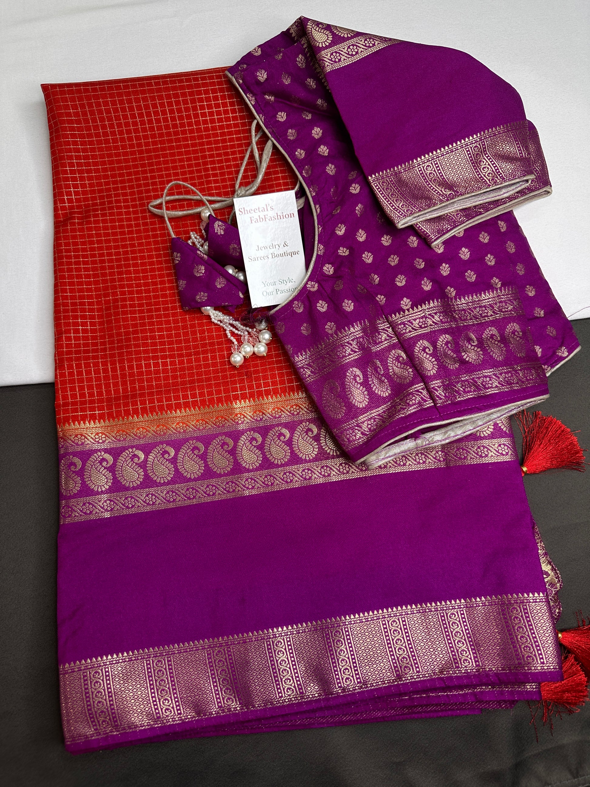 Banarsi Crepe Small Checks Orange Saree - 
