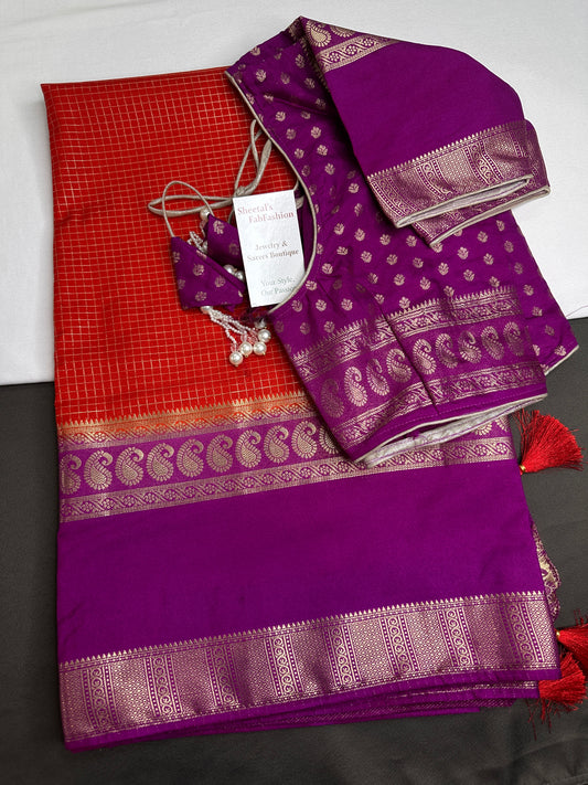 Banarsi Crepe Small Checks Orange Saree - 