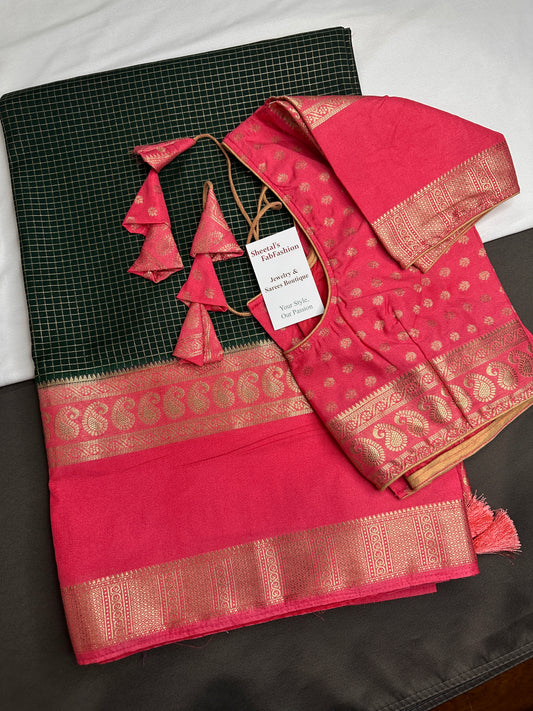 Banarsi Crepe Small Checks Green Saree - 