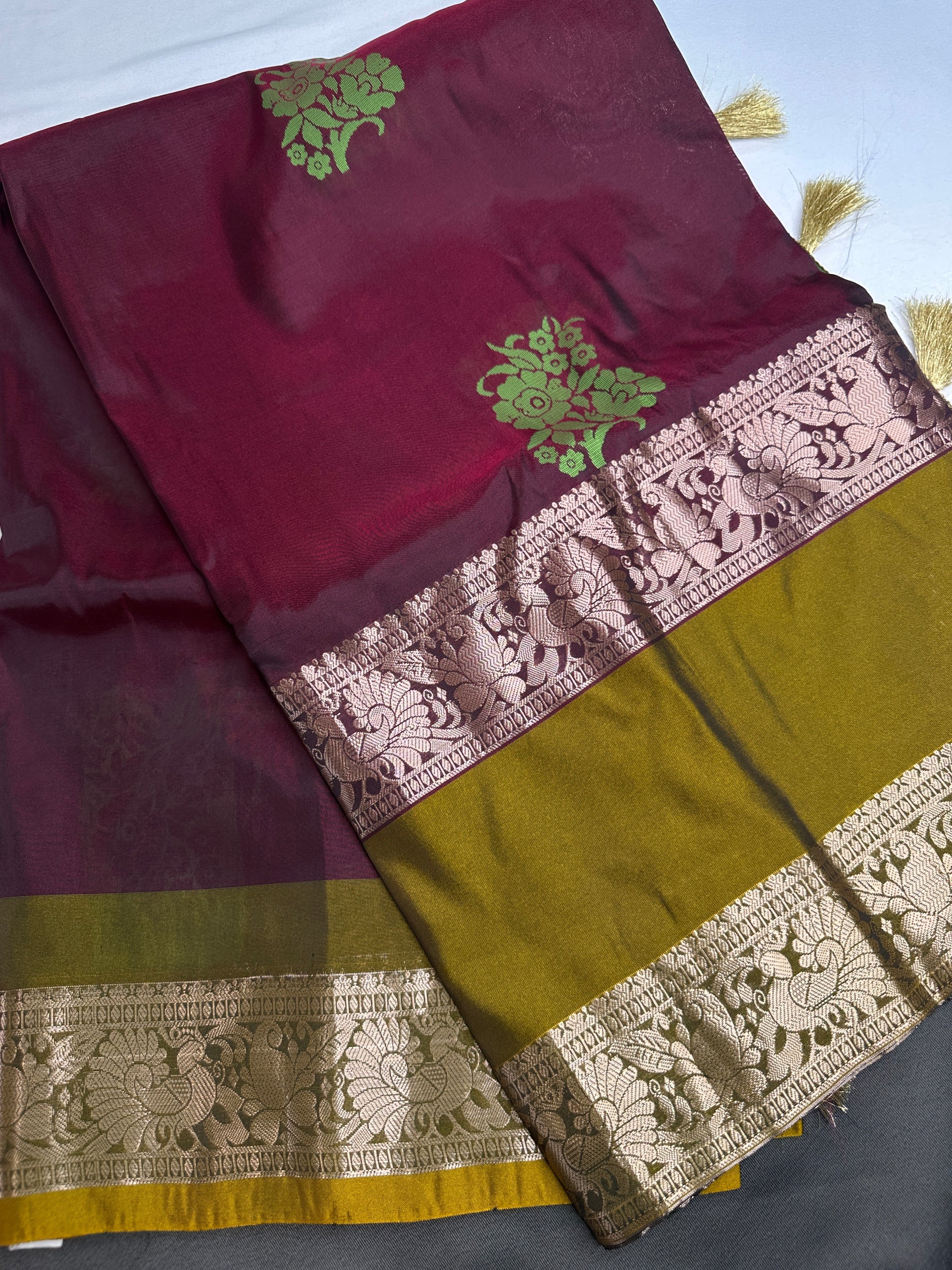 Gap Border Mangalgiri Semi Maroon Green Sillk Saree - 