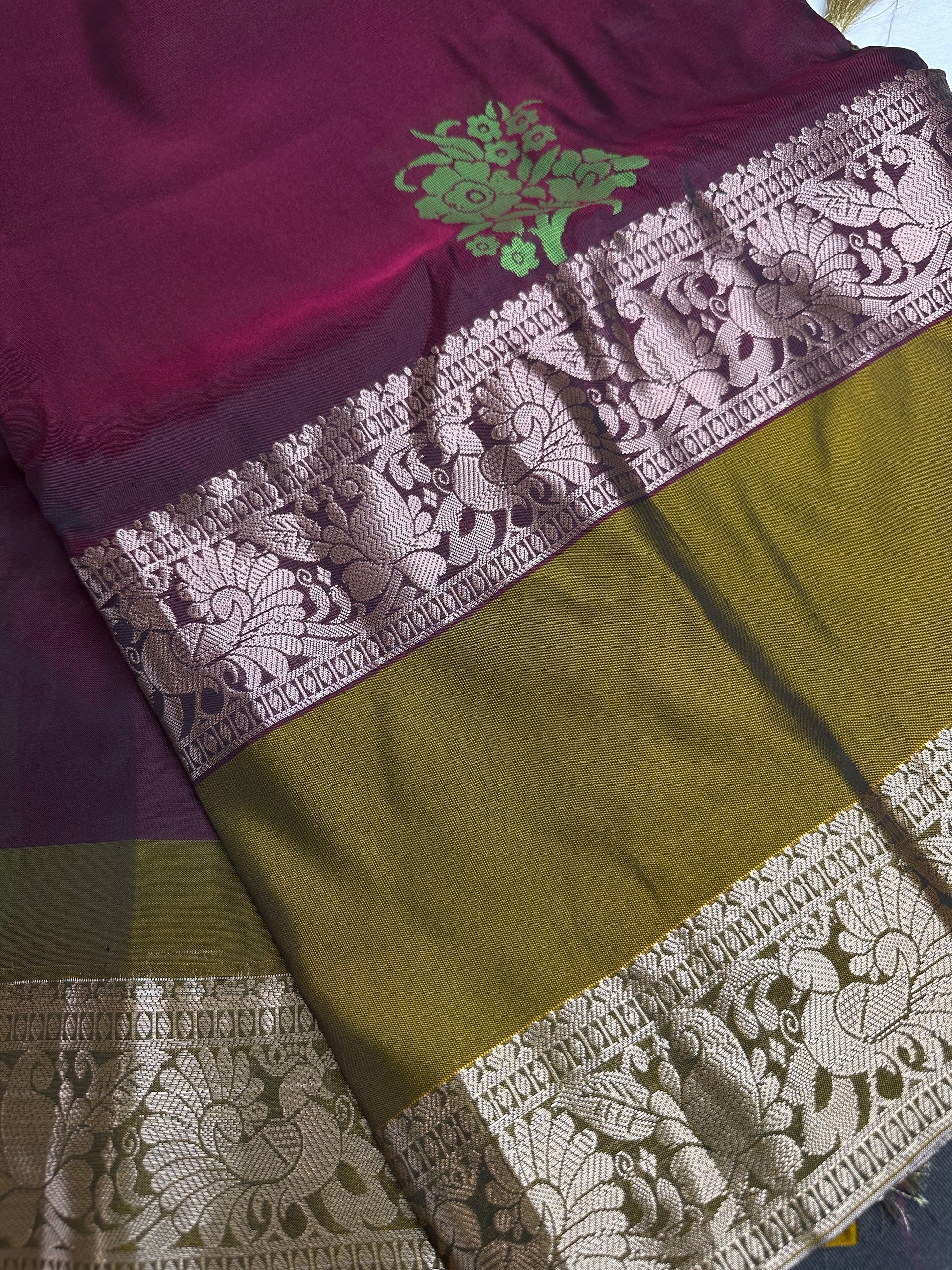 Gap Border Mangalgiri Semi Maroon Green Sillk Saree - 