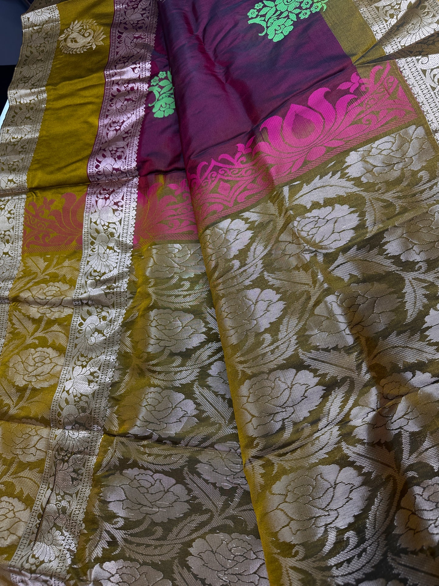 Gap Border Mangalgiri Semi Maroon Green Sillk Saree - 