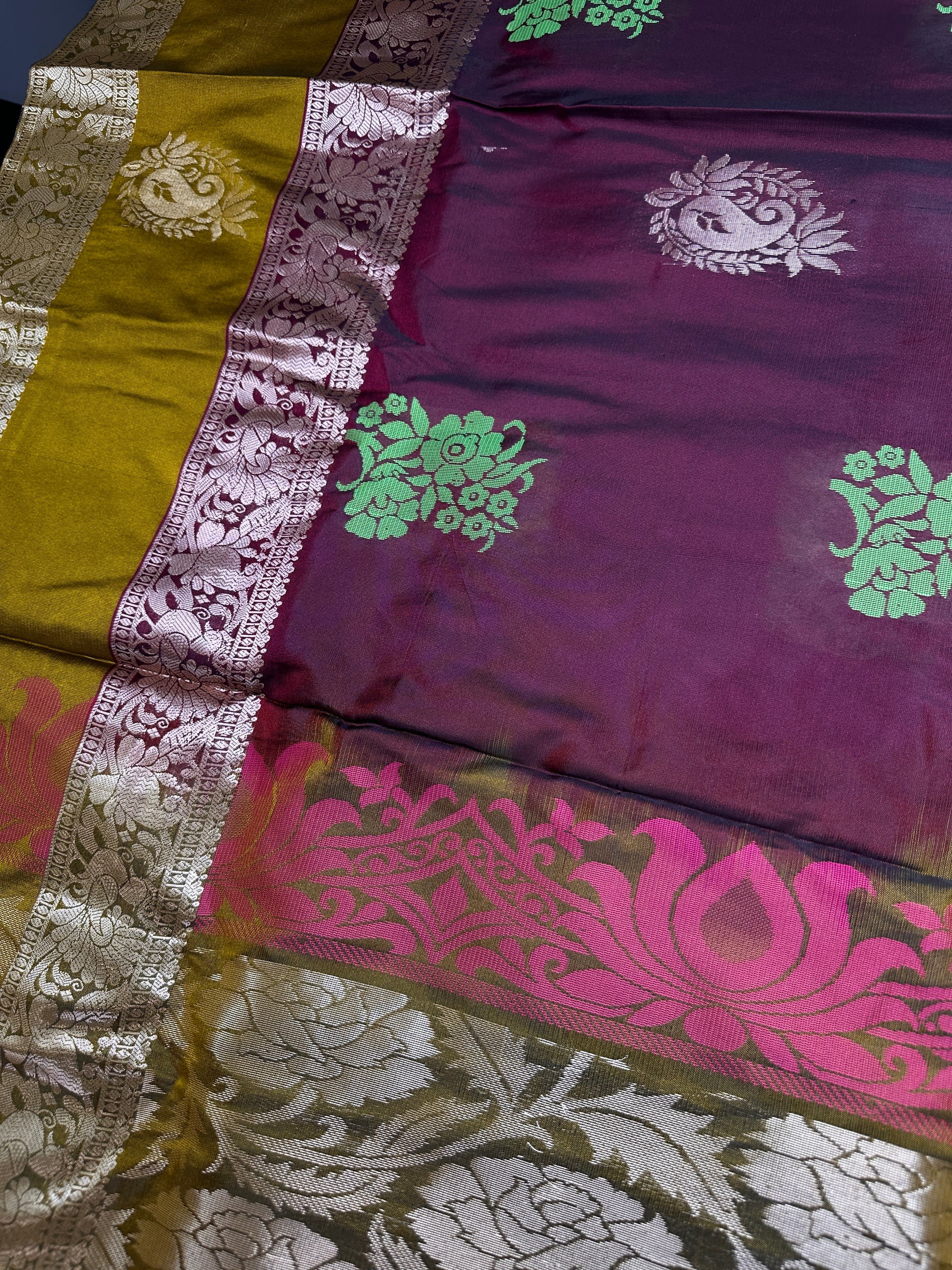 Gap Border Mangalgiri Semi Maroon Green Sillk Saree - 