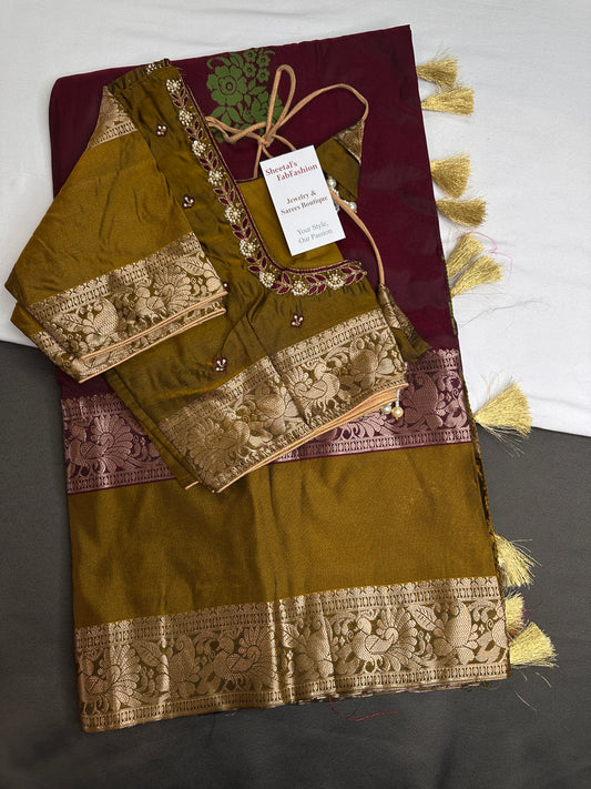 Gap Border Mangalgiri Semi Maroon Green Sillk Saree - 