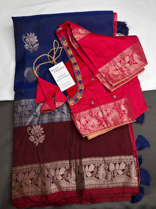Gap Border Mangalgiri Semi Blue Sillk Saree - 