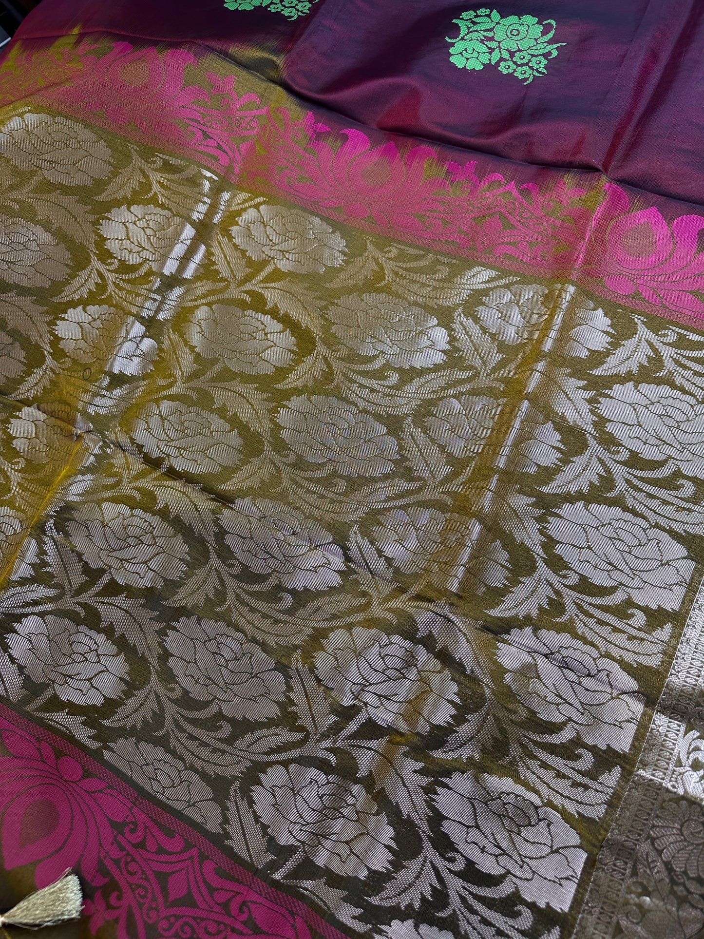Gap Border Mangalgiri Semi Maroon Green Sillk Saree - 