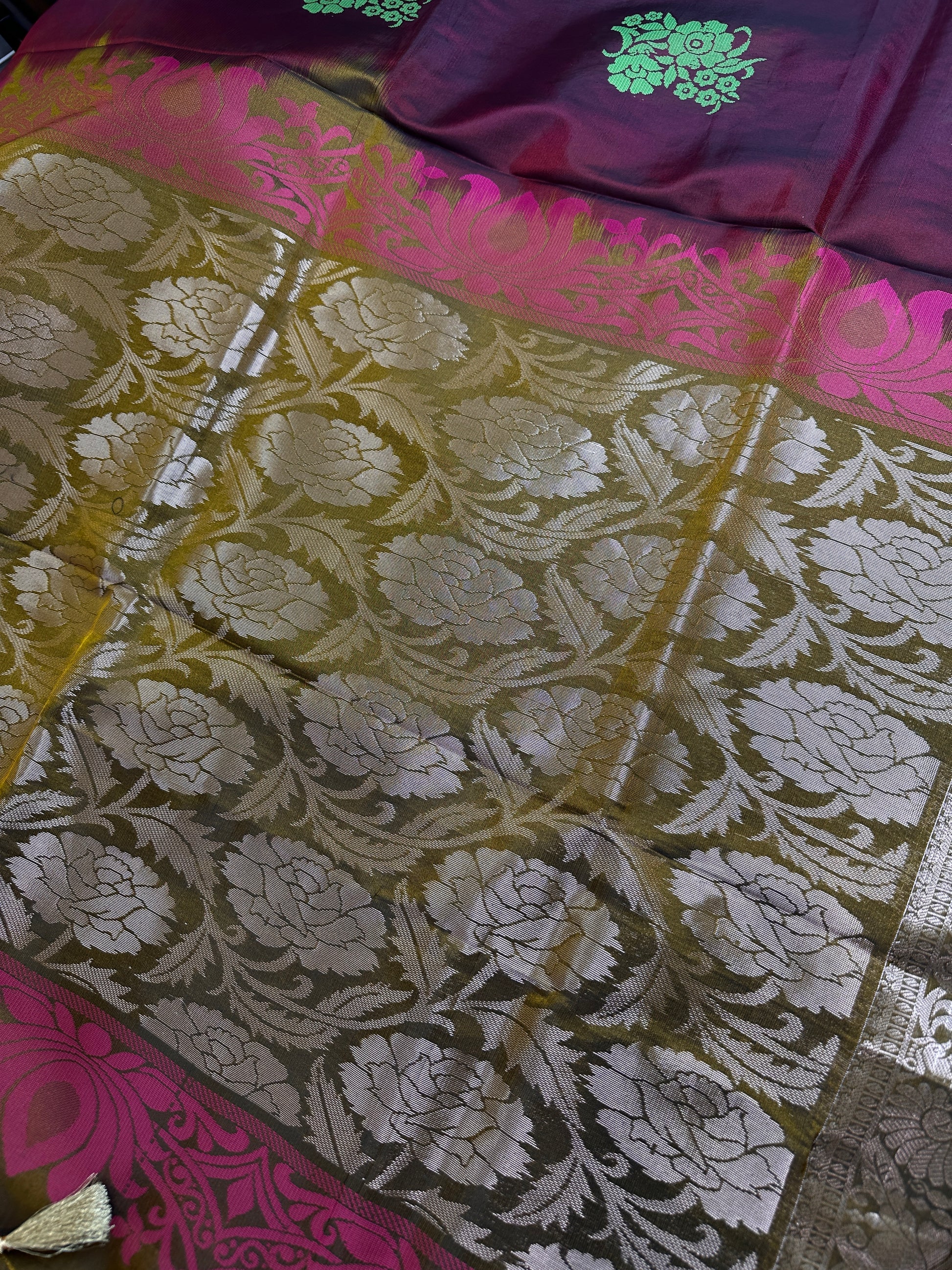 Gap Border Mangalgiri Semi Maroon Green Sillk Saree - 