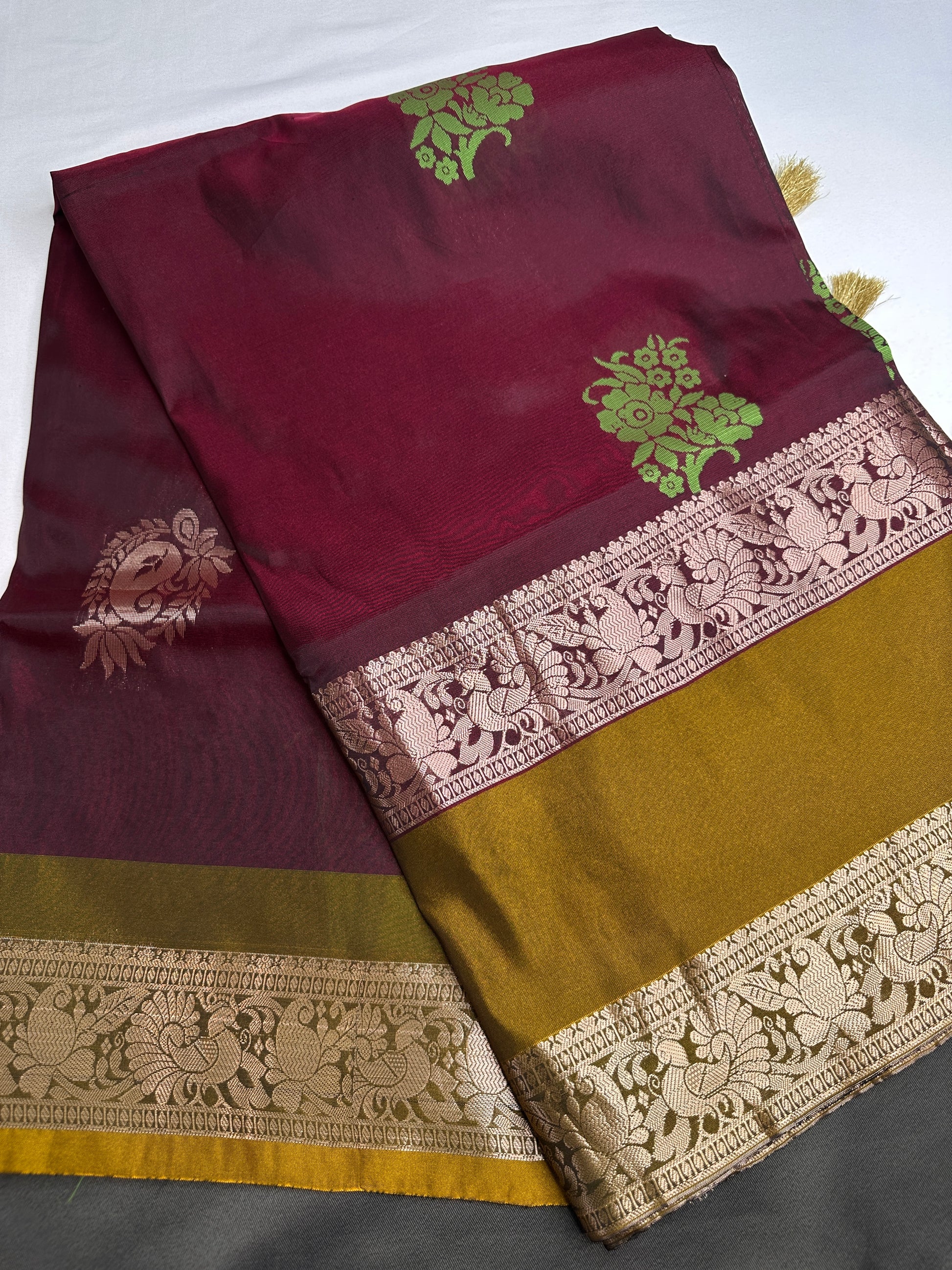 Gap Border Mangalgiri Semi Maroon Green Sillk Saree - 