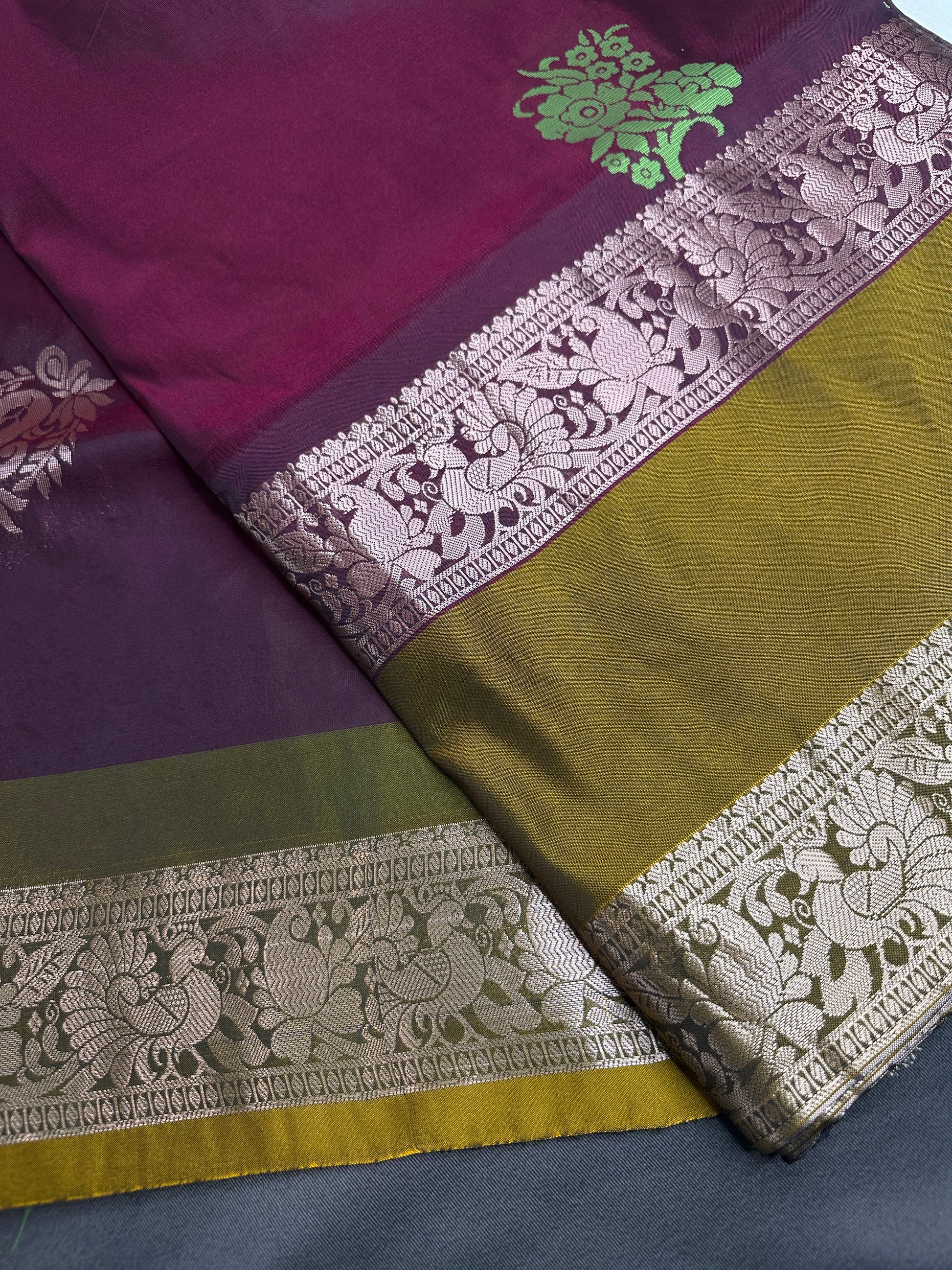 Gap Border Mangalgiri Semi Maroon Green Sillk Saree - 