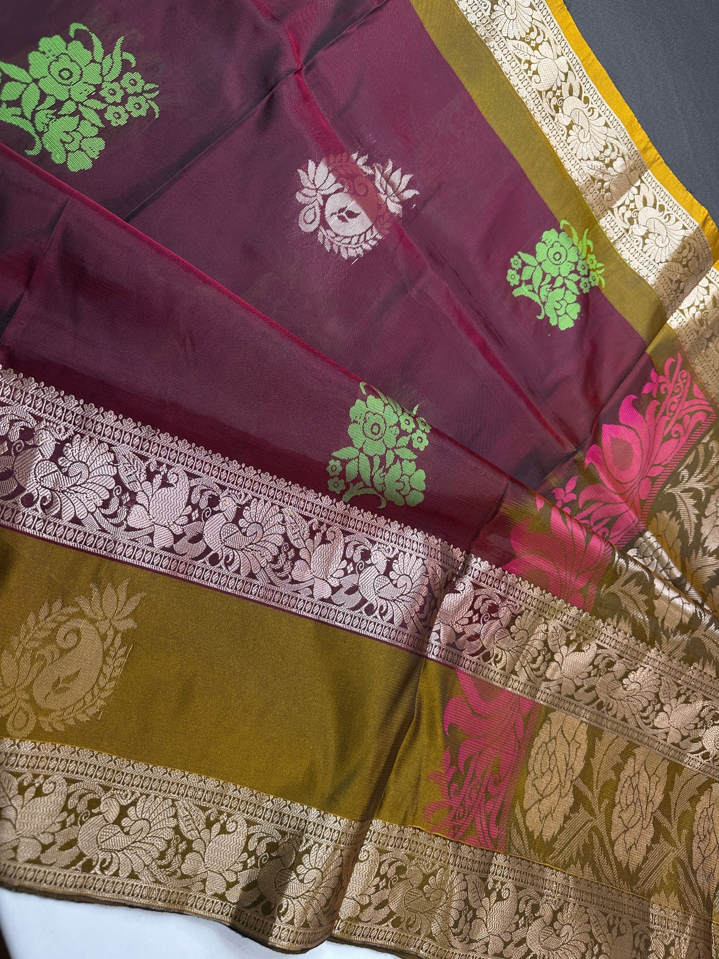 Gap Border Mangalgiri Semi Maroon Green Sillk Saree - 