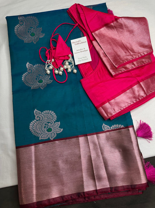 Semi Kanchi Pattu Blue Pink Silk Saree - 