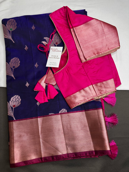 Semi Kanchi Pattu Blue Pink Silk Saree - 